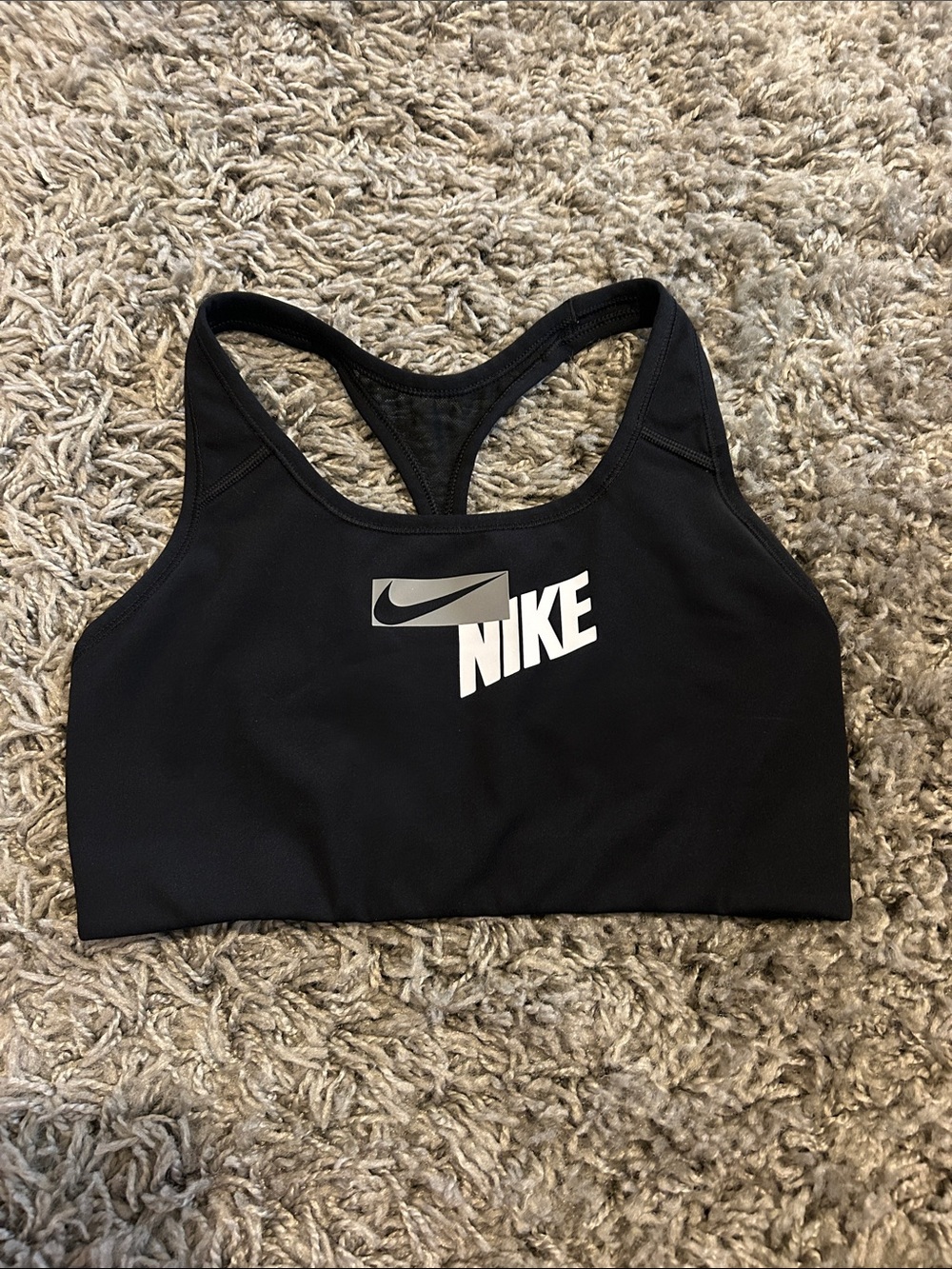 Nike Black Racerback Sports Bra with White Logo Size Medium
